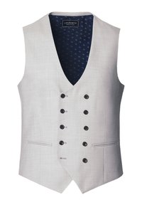 Jasnoszara kamizelka wykonana z teksturowanej tkaniny, z głębokim dekoltem w serek, sześcioma czarnymi guzikami i dwiema bocznymi kieszeniami wykończonymi granatowym, wzorzastym podszewką.