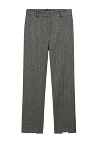 Pantaloni da vestito grigi a gamba diritta in misto lana con passanti per cintura e un motivo testurizzato sottile, progettati per abbigliamento formale o da ufficio.