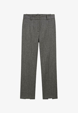 Gray straight-leg wool blend dress trousers with belt loops and a subtle textured pattern, designed for formal or office wear.