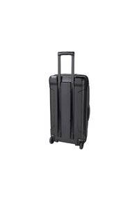 Valise rigide noire avec deux roues, poignée rétractable et design épuré. Dispose d'une surface texturée et de coins renforcés.