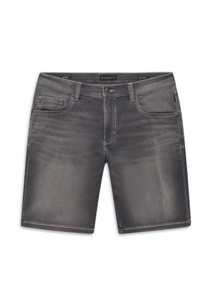 Graue Denim-Shorts mit Fronttaschen, Gürtelschlaufen und Knopfverschluss, mit dezenten ausgebleichten Details und einem Bugatti-Etikett innen im Taillenbund.