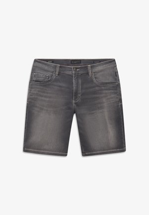 Graue Denim-Shorts mit Fronttaschen, Gürtelschlaufen und Knopfverschluss, mit dezenten ausgebleichten Details und einem Bugatti-Etikett innen im Taillenbund.