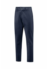 Navyblauwe chinos, gemaakt van glad katoen. Voorzien van een knoopsluiting, riemlussen en schuin geplaatste zijzakken. Rechtermaten ontwerp.