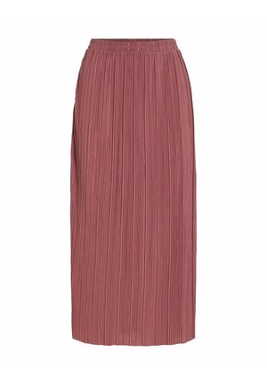 Jupe midi plissée mauve avec ceinture élastique, silhouette droite et plis étroits verticaux, adaptée pour un usage décontracté ou formel.