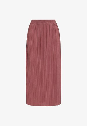 Mauve plissierter Midirock mit elastischem Bund, gerader Silhouette und vertikal schmalen Falten, geeignet für lässige oder formelle Anlässe.
