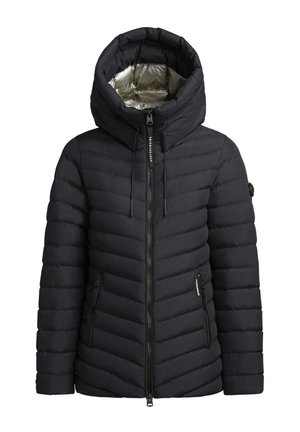 Puffer jacket in solid black, featuring a hood, diagonal quilted design, silver lining, two front zip pockets, and a front zipper closure.
