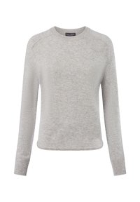 Grauer Pullover mit Rundhalsausschnitt und langen Ärmeln. Aus weichem, gestricktem Material mit einer subtilen Textur gefertigt. Gerippte Ärmelabschlüsse und Saum.