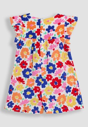 Romper s cvjetnim uzorkom u svijetlim bojama uključujući crvenu, plavu, žutu i rozu. Ima volane na rukavima i kopčanje na dugme na leđima.