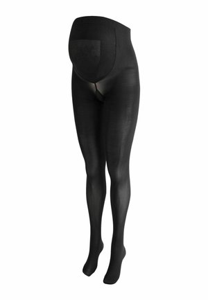 Zwarte zwangerschapsstrumpfhose met een versterkt buikondersteuningspaneel, getoond op een paspop tegen een witte achtergrond.