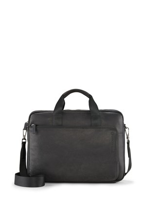 Borsa per laptop in pelle nera con due manici superiori, una tracolla staccabile e una tasca frontale. Presenta una texture liscia e un branding discreto sul lato.