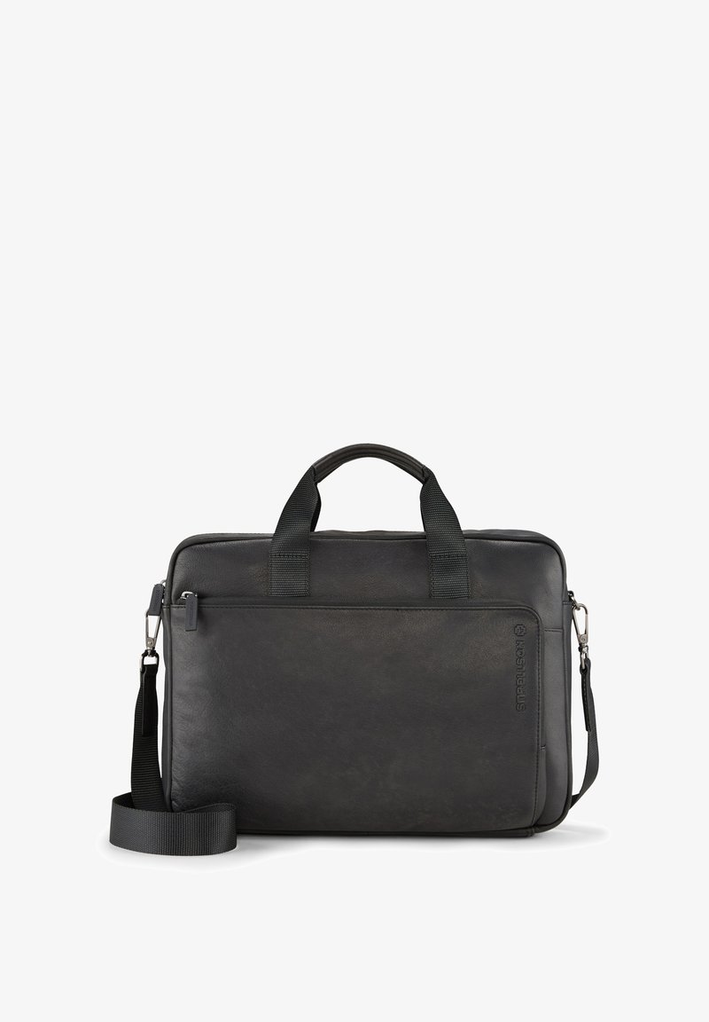 Sac à ordinateur en cuir noir avec deux poignées supérieures, une bandoulière amovible et une poche avant. Présente une texture lisse et un logo discret sur le côté.