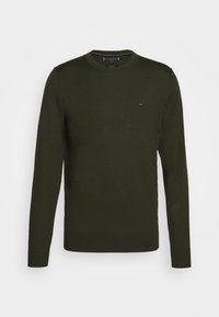 Mørkegrøn sweater, crew neckline, lange ærmer. Lavet af glat stof, har diskret logoaccent på brystet. Enkel, klassisk design.