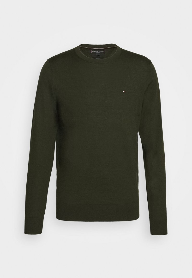 Mørkegrøn sweater, crew neckline, lange ærmer. Lavet af glat stof, har diskret logoaccent på brystet. Enkel, klassisk design.