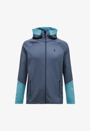 Hedvábná bunda tmavě šedé barvy s světle modrými prvky a zapínáním na zip. Obsahuje dvě boční kapsy a logo na hrudi.