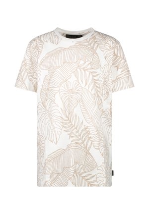 Witte t-shirt met korte mouwen, voorzien van een beige bladerenpatroon, ronde halslijn en een losse pasvorm. Gemaakt van zachte stof met een gladde textuur.