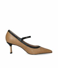 Décolleté in pelle marrone chiaro con punta affusolata e cinturino nero. Presenta un tacco a stiletto basso e una texture liscia con finitura a contrasto.