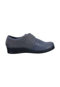 Blue-grey footwear with a textured mesh panel and smooth suede-like accents. Features a low wedge sole and elastic detail on the upper.