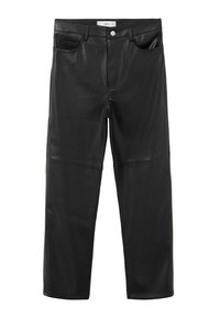 Pantalones de cuero negro con una textura suave, presentan un diseño clásico de cinco bolsillos, cierre de botón y corte recto.