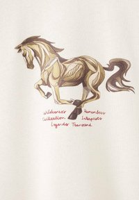 Valkoinen kangas, jossa on kuvitus laukkaavasta hevosesta, jossa on tyyliteltyjä anatomisia yksityiskohtia ruskean sävyissä, ja alla punainen teksti.