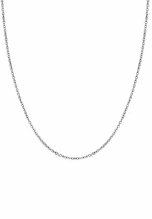 Collar de cadena de metal plateado con un diseño de eslabones simple, que presenta una textura suave y un acabado pulido. La longitud se extiende elegantemente en un lazo.