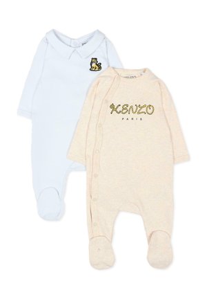 Due body per neonati a manica lunga, uno azzurro chiaro con toppa a forma di tigre sul petto, uno beige con la scritta "KENZO PARIS" e bottoni a pressione laterali.