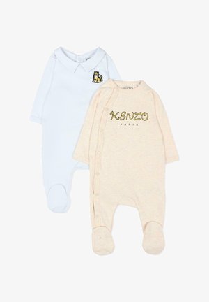 Due body per neonati a manica lunga, uno azzurro chiaro con toppa a forma di tigre sul petto, uno beige con la scritta "KENZO PARIS" e bottoni a pressione laterali.