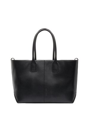 Czarna skórzana torba typu tote z podwójnymi uchwytami, prostokątnym kształtem i subtelnym pionowym przeszyciem na środku.