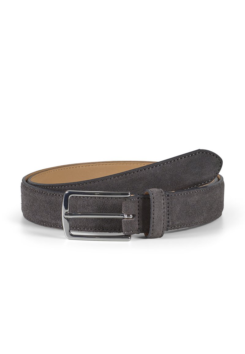 Gray suede belt with a smooth leather backing. Features a silver rectangular buckle and visible stitching along the edges.