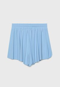 Pantaloni corti plissettati di colore azzurro chiaro con una vita elasticizzata; il tessuto appare liscio e leggero, presentando una silhouette rilassata e fluida.
