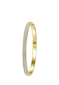 Anillo de pulsera de oro con una forma delgada, que presenta una fila de piedras transparentes a lo largo de un lado, con un acabado pulido suave y sin cierres visibles.