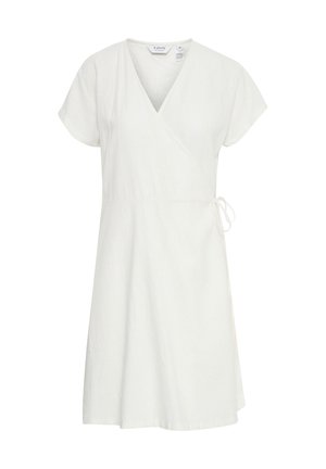 Bijela haljina omotnica s kratkim rukavima, V-izrezom i vezivanjem u struku. Napravljena od lagane tkanine s glatkom teksturom. Jednostavan, klasičan dizajn.