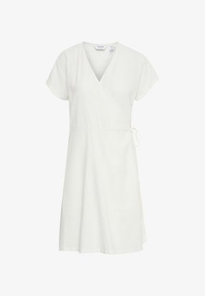 Valge ümarate varrukatega mähkiv kleit, V-kaelusega ja nööpide küljes. Valmistatud kergest kangast, millel on sile tekstuur. Lihtne, klassikaline disain.