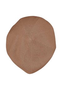 Knitted beret in tan color, featuring a rounded, flat design with a textured surface and seam details radiating from the center.