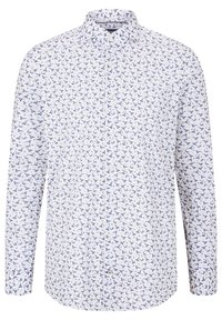 Witte blouse met lange mouwen en een button-down kraag, voorzien van een printpatroon met blauwe vogels. Gemaakt van lichtgewicht stof met een gladde textuur.