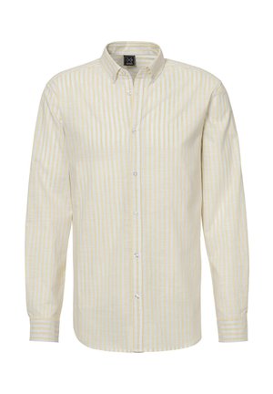 Kollane ja valge triibuline nööbidene särk, millel on krae, pikad varrukad ja nööbid. Valmistatud kergest kangast, millel on sile tekstuur.