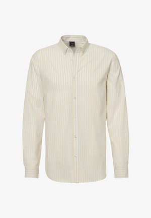 Kollane ja valge triibuline nööbidene särk, millel on krae, pikad varrukad ja nööbid. Valmistatud kergest kangast, millel on sile tekstuur.