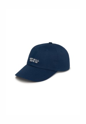 Casquette de baseball bleu marine en coton, dotée d'une visière courbée et du texte brodé "L'ART NOUS SAUVERA" à l'avant.