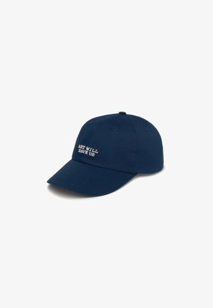 Cappellino da baseball navy in cotone, con visiera curva e testo ricamato "L'ARTE CI SALVERÀ" sulla parte anteriore.