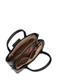 Borsa a tracolla nera in pelle con manici doppi, dotata di chiusura con zip e interno beige. Include diversi scomparti per l'organizzazione.