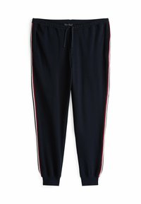 Marineblå sweatpants lavet af blødt stof, med snøre i taljen, ribbede manchetter og sidelæg i hvid, rød og grå.