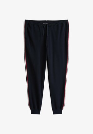 Marineblauwe trainingsbroek gemaakt van zachte stof, met een trekkoord in de taille, ribgebreide boorden en zijstrepen in wit, rood en grijs.