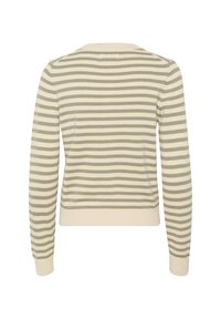 Pull en maille à manches longues avec des rayures horizontales beige et olive clair, poignets et ceinture en côtes, vu de dos.