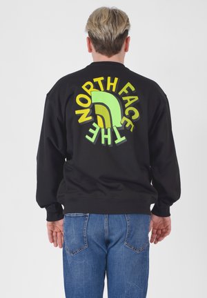Felpa nera con logo grande e multicolore "North Face" sulla schiena, con accenti verdi, gialli e marroni. Vestibilità comoda e ampia.
