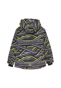 Mönstrad jacka med huva, med vinkellinjer i svart, grått och neongrön. Vattentätt material och elastiska ärmmuddar för bra passform.