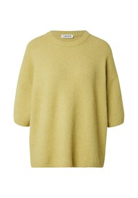 Übergroßer gelber Pullover aus weichem Strickmaterial, mit rundem Ausschnitt und kurzen Ärmeln mit Rippbündchen.