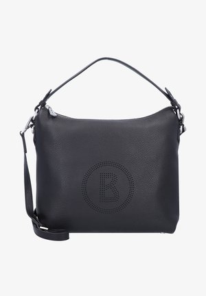 Borsa a tracolla in pelle nera con una finitura testurizzata, dotata di chiusura con zip, tracolla removibile e logo perforato sulla parte anteriore.