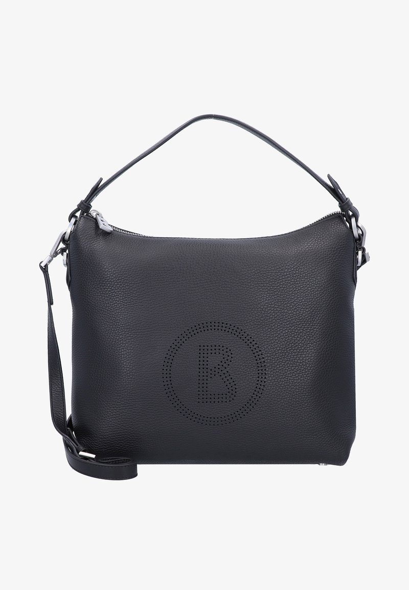Sort læder håndtaske med en struktureret overflade, der har lynlåslukning, en aftagelig rem og et perforeret logo på forsiden.