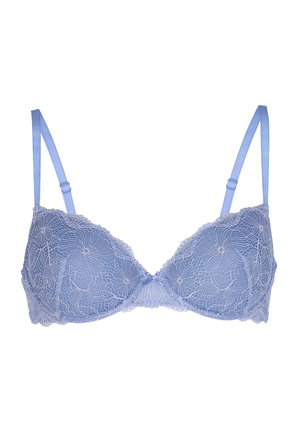 Reggiseno in pizzo blu chiaro con motivo floreale, supporto con ferretto, spalline in satin regolabili e dettaglio a fiocco al centro.