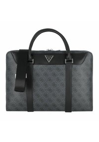 Sac à main gris à motifs avec des accents en cuir noir, deux anses, une bandoulière amovible et une plaque logo à l'avant.