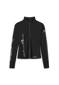 Černá zipová bunda s vysokým límcem, která má na rukávech bílé abstraktní liniové vzory a logo na lemu, vyrobená z hladkého materiálu.